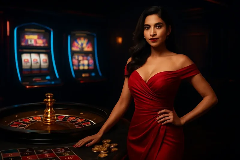 Elegant Casino Banner Beautiful woman in red dress standing by roulette and slot machines in luxury Bangladeshi casino with neon lights and gold coins
